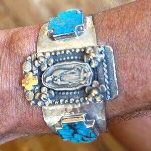 La Reyna VDG Cross Turquoise Cuff (925 Sterling Silver and 18K Gold Accents)
